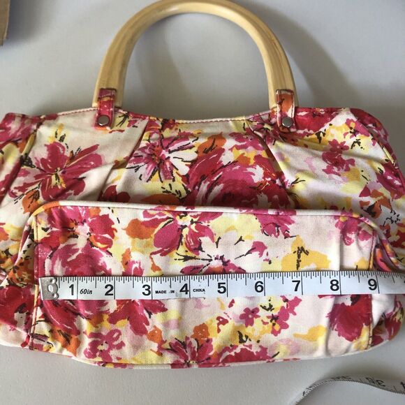 Old Navy Hobo Purse Canvas Floral Handbag Summer Wood Handle Floral Cottage - Picture 10 of 11